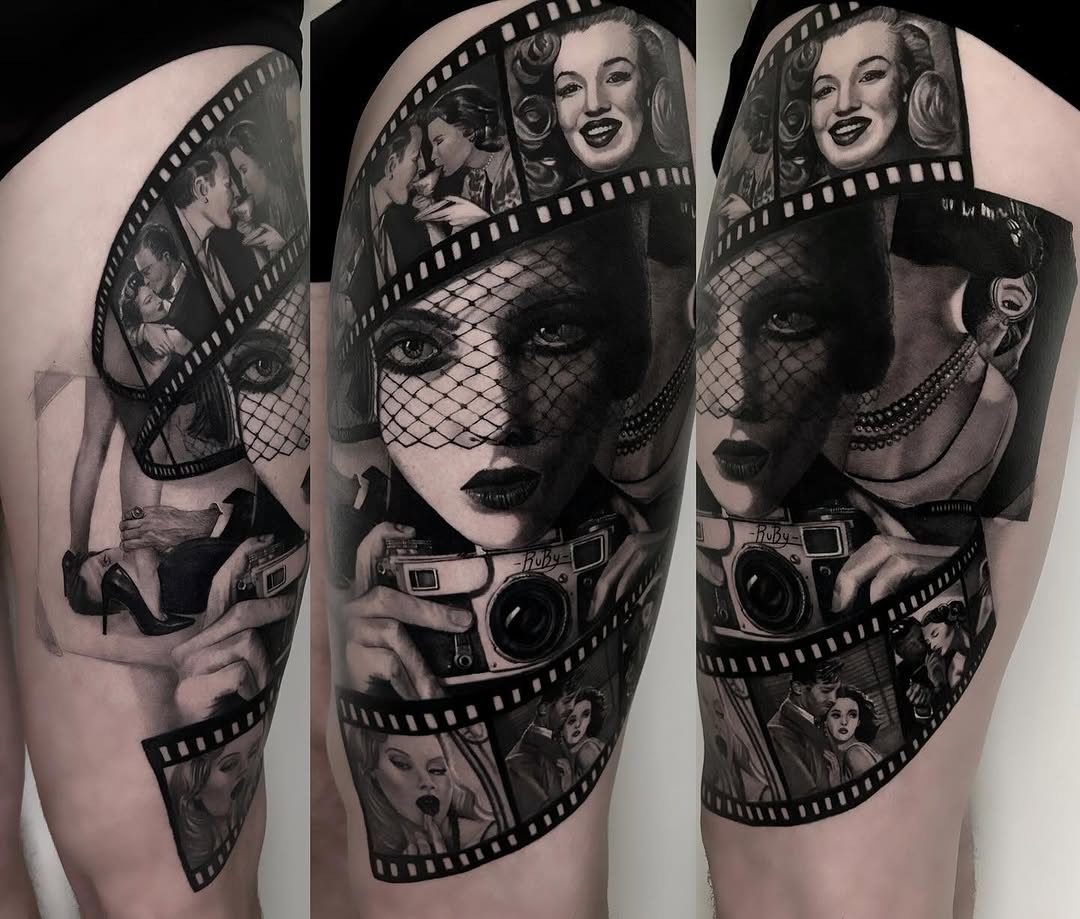 Classic film star portraits framed by a film strip on the thigh, black and grey realism tattoo by Ruby Ink