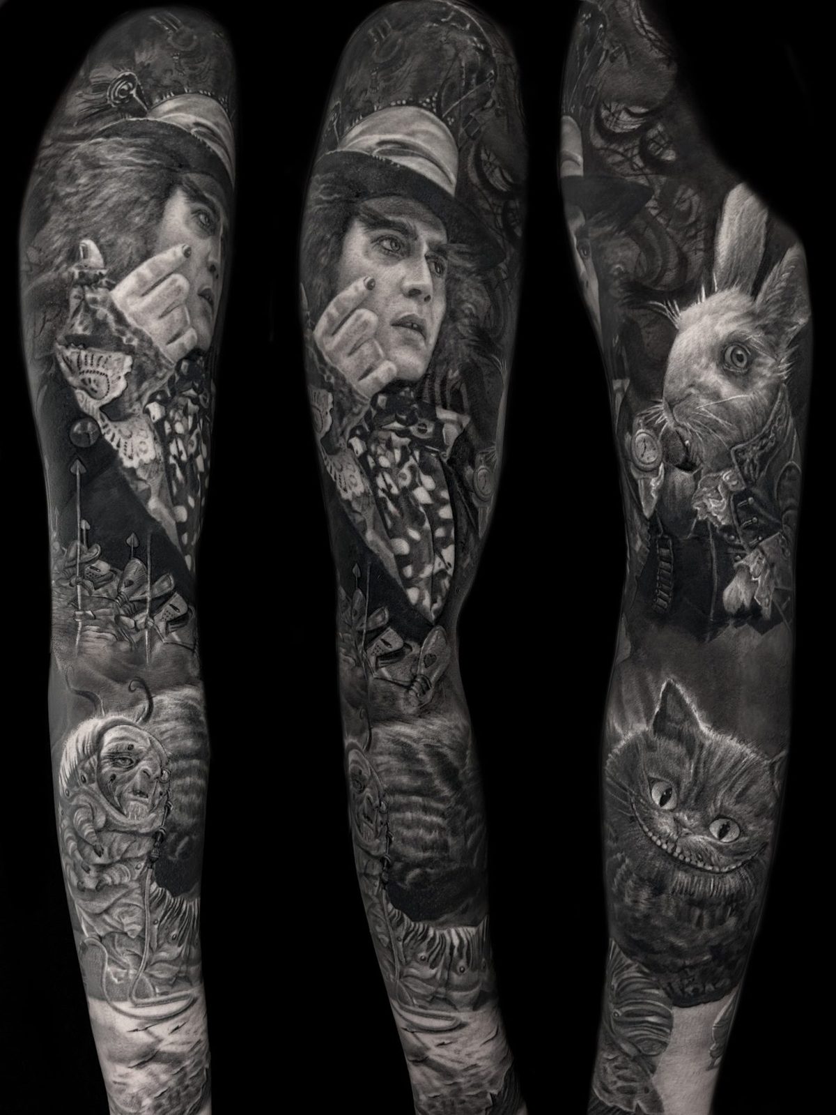 Alice in Wonderland full sleeve with the Mad Hatter and the Cheshire Cat, black and grey realism tattoo by Ruby Ink