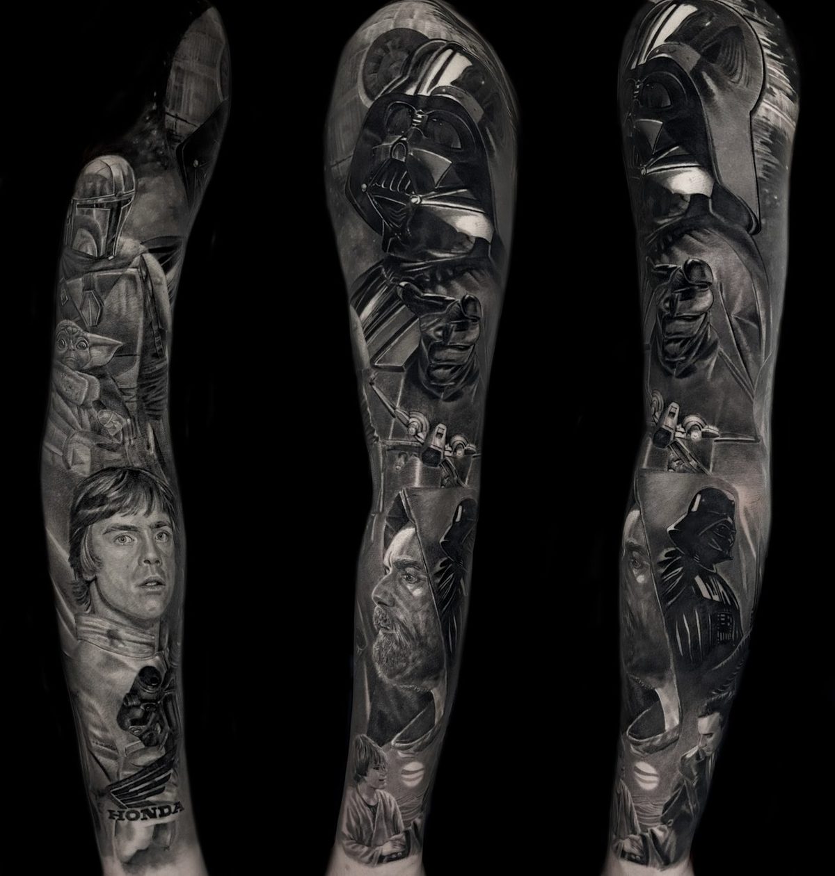 Star Wars full sleeve with film characters and Darth Vader, black and grey realism tattoo by Ruby Ink