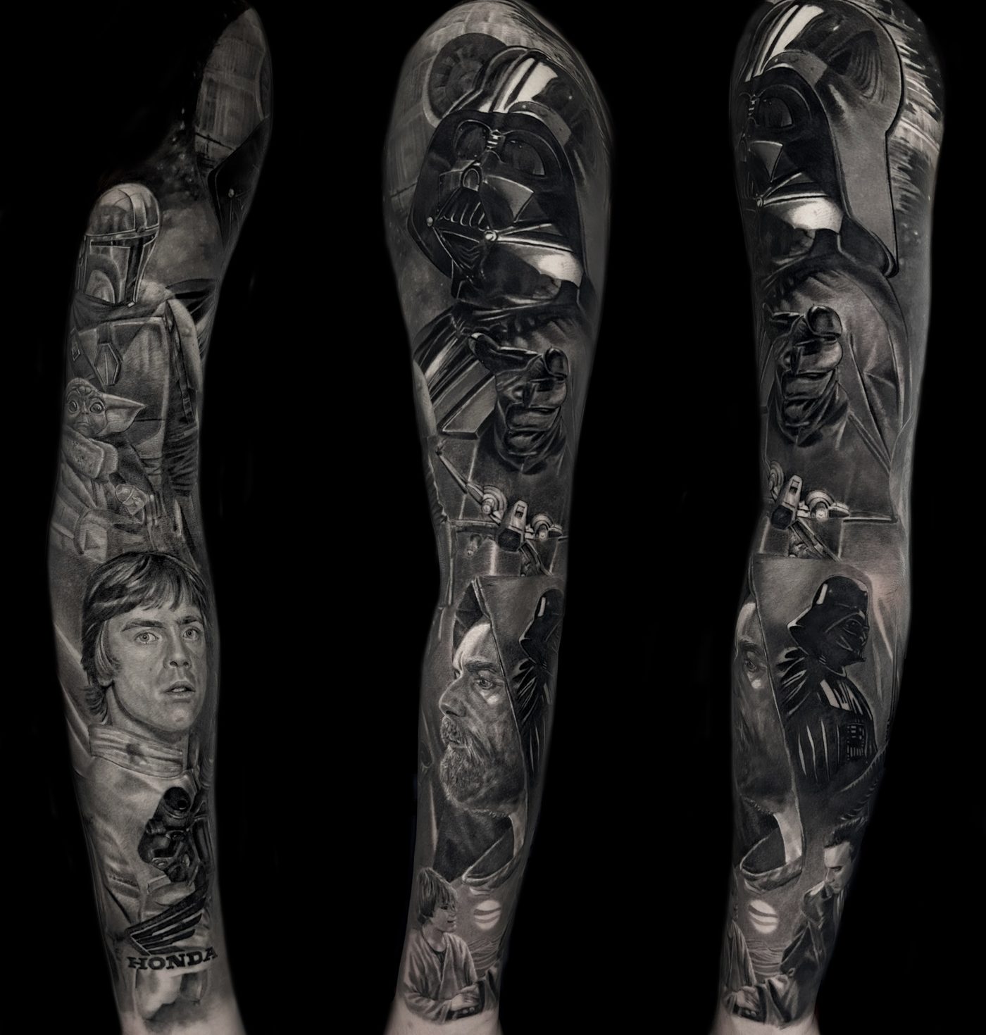 Großes Sleeve-Projekt in Black and Grey Realism von Ruby, drei Ansichten